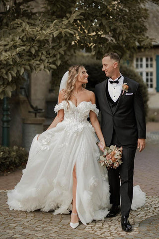 Ball Gown Off the Shoulder Lace Tulle Slit Wedding Dresses with Appliques