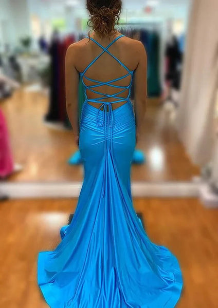 Cute Mermaid V Neck Blue Satin Slit Prom Dress VK24121404