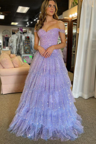 Cute A-Line Off Shoulder Light Purple Tiered Tulle Long Prom Dress