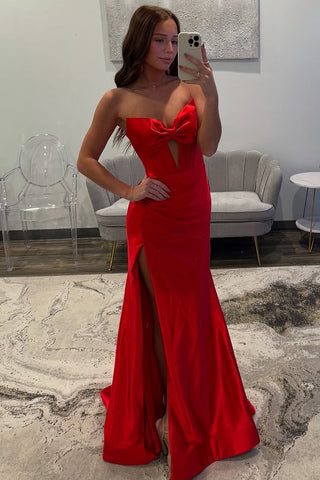 Mermaid Strapless Keyhole Red Satin Long Prom Dress with Slit VK021312