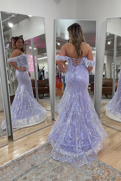 Mermaid Off the Shoulder Lavender Sequin Lace Prom Dresses VK021503