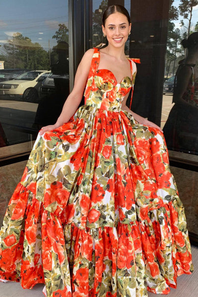 Cute Fairy A-Line Floral Printed Satin Sweetheart Long Prom Dress