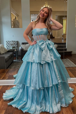 Fairy Ball Gown Strapless Light Blue Organza Prom Dresses with Bow VK24120306