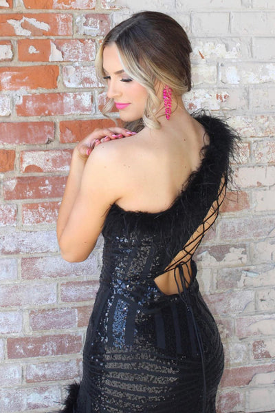 Sparkly Cute Mermaid Black One Shoulder Black Sequins Prom Dresses