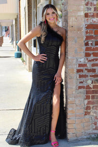 Sparkly Cute Mermaid Black One Shoulder Black Sequins Prom Dresses