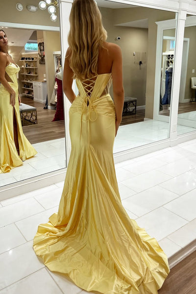 Cute Mermaid Sweetheart Yellow Satin Slit Prom Dresses with Beading VK13120906