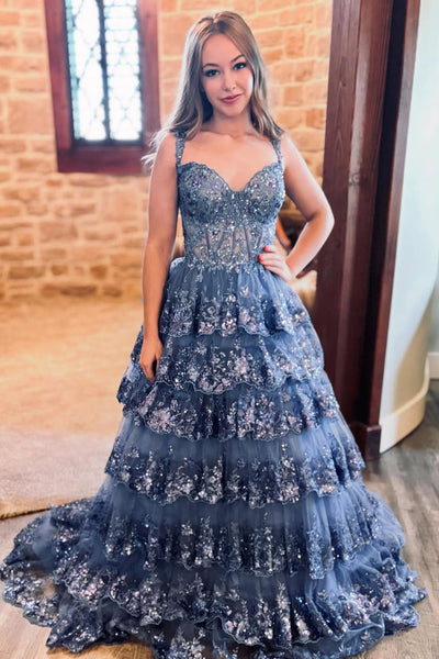 Gogeous A Line Sweetheart Navy Tulle Sequins Prom Dress VK24122502