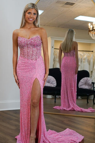 Fashion Mermaid Sweetheart Pink Sequins Long Prom Dress with Beading