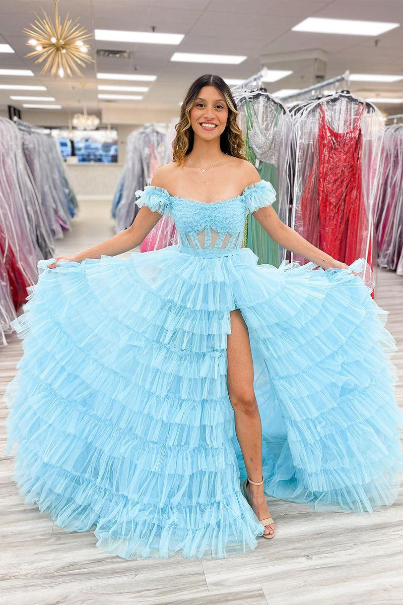 Light Blue Off the Shoulder Ruffle Tiered Long Prom Dress VK23122501