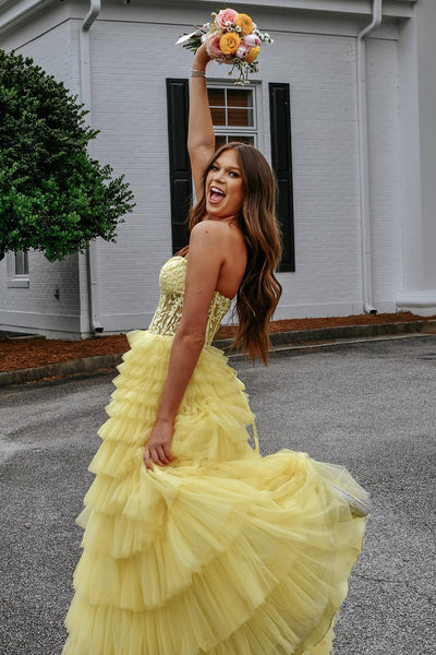 Sweet A Line Strapless Daffodial Tiered Tulle Long Prom Dresses with Slit VK24102005