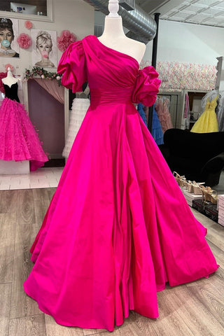 Ball Gown One Shoulder Fuchsia Satin Prom Dresses