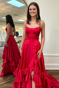 Fairy A Line Scoop Neck Ruffled Satin Tiered Prom Dresses with Slit