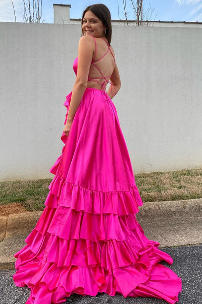 Fairy A Line Scoop Neck Ruffled Satin Tiered Prom Dresses with Slit