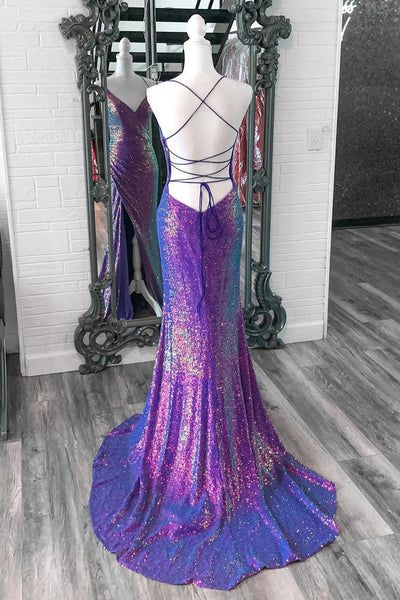 Chic Sparkly Mermaid Purple Sequins V Neck Long Prom Dresses with Slit