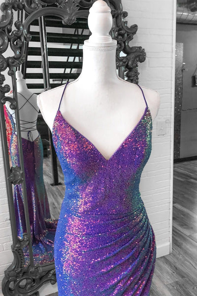 Chic Sparkly Mermaid Purple Sequins V Neck Long Prom Dresses with Slit