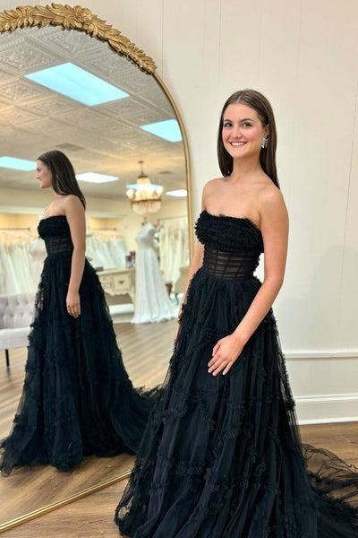 Cute Black Sweetheart Black Tiered Tulle Lone Prom Dresses