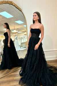 Cute A Line Strapless Black Tiered Tulle Lone Prom Dresses