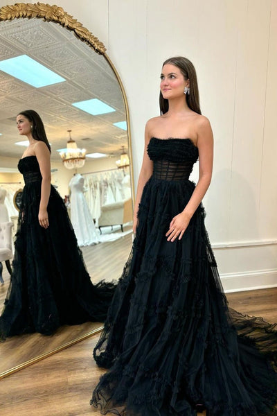 Cute Black Sweetheart Black Tiered Tulle Lone Prom Dresses