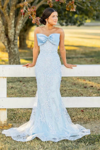 Charming Mermaid Strapless Light Blue Sequin Lace Prom Dress with Bow