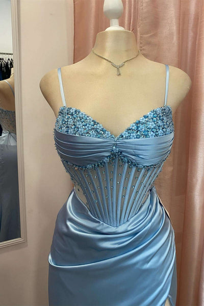 Graceful Light Blue Mermaid V-Neck Beaded Ruched Long Prom Dress