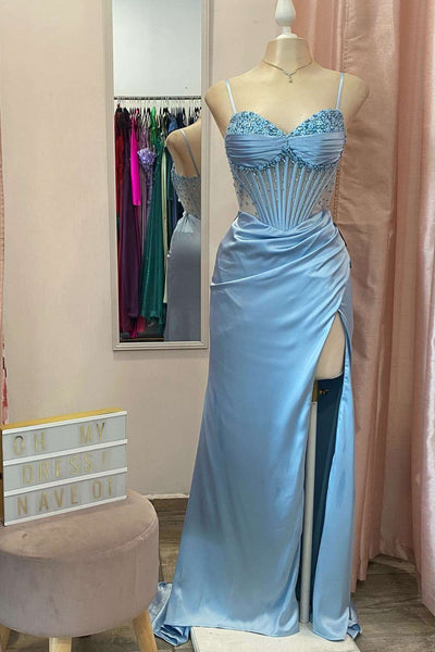 Graceful Light Blue Mermaid V-Neck Beaded Ruched Long Prom Dress