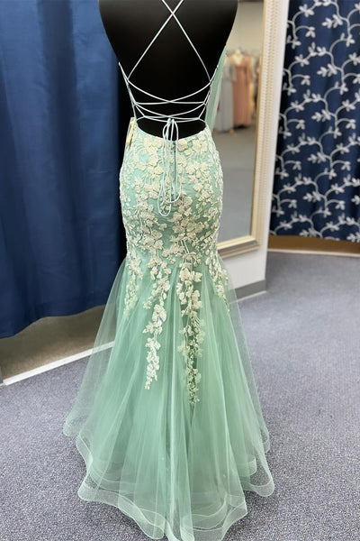 Gorgeous Mermaid V Neck Sage Green Tulle Lace Prom Dresses with Appliques