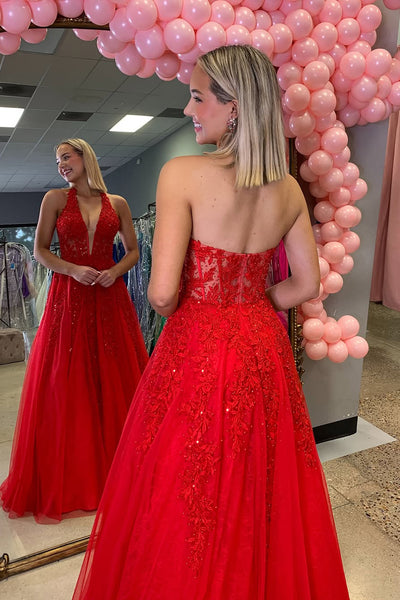 A-Line Halter Red Tulle Long Prom Dresses with Appliques VK021413