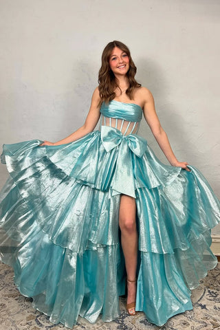 Cute A Line Strapless Mint Organza Long Prom Dress with Bow VK25012605