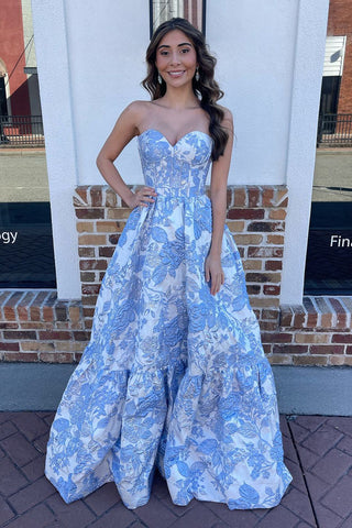 Cute A Line Sweetheart Blue Jacquard Satin Long Prom Dresses