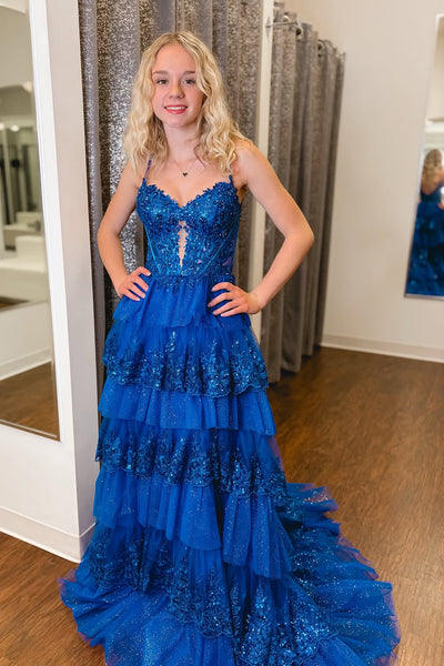 A-Line Sweetheart Royal Blue Ruffle Tiered Long Prom Dresses with Appliques VK022302