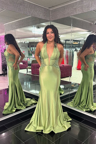 Chic Mermaid V Neck Satin Long Prom Dresses with Appliques VK24112217