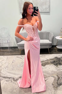 Cute Mermaid Off the Shoulder Pink Satin Prom Dress with Slit VK25012303