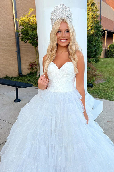 Fairy A Line V Neck Sparkly White Tiered Tulle Long Prom Dresses VK24101904