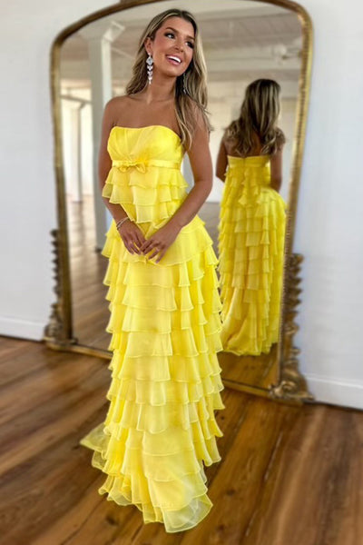 Cute Sheath Strapless Yellow Tiered Chiffon Long Prom Dresses VK24102013