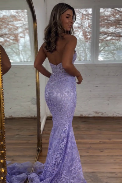 Charming Mermaid Sweetheart Lavender Lace Long Prom Dresses with Appliques VK24102010