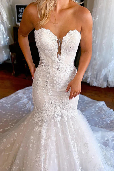 Gorgeous Mermaid Sweetheart Lace Wedding Dresses with Sleeves VK2410214