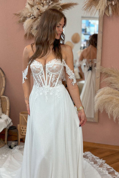 Boho A Line Off the Shoulder Chiffon Long Wedding Dresses with Appliques