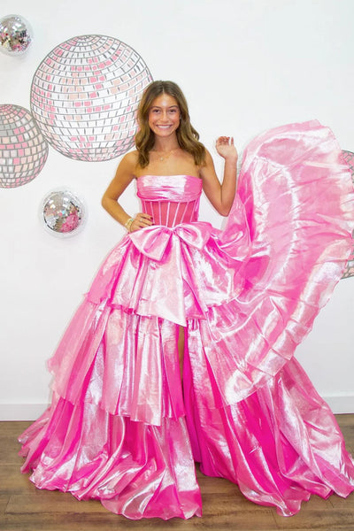 A-Line Strapless Ruffle Tiered Organza Long Prom Dress with Slit VK24091107