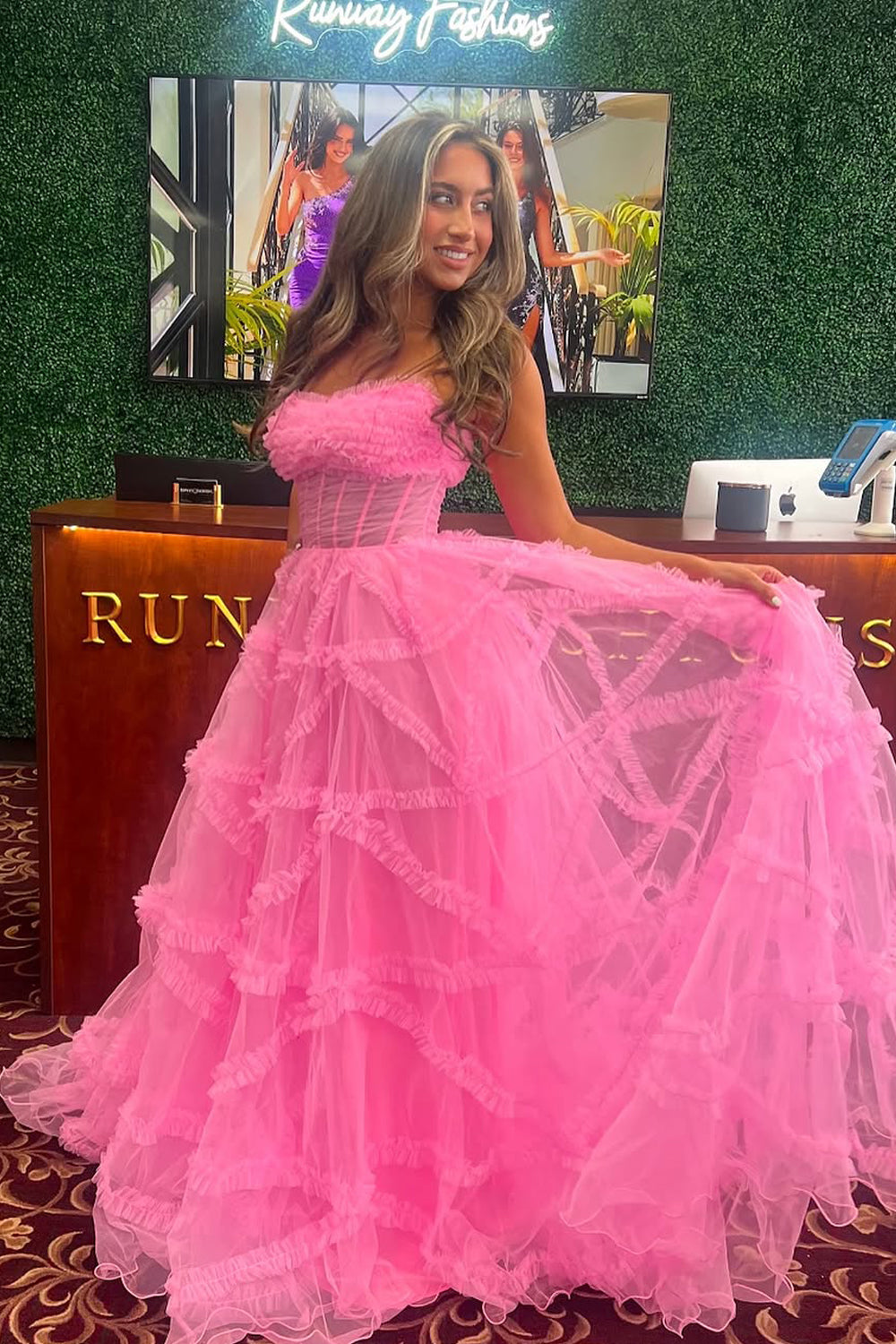 Cute A Line Strapless Pink Tulle Prom Dress VK25012302