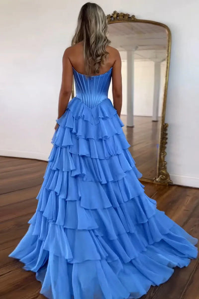 Cute A Line Sweetheart Light Blue Tiered Chiffon Prom Dress with Slit VK020202