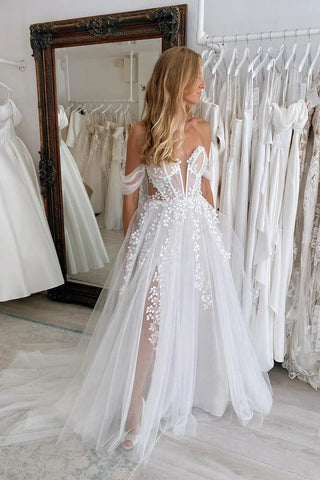 Off the Shoulder White Tulle Wedding Dresses with Appliques VK1312803