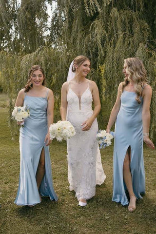 Simple Sheath Straps Light Blue Silk Satin Bridesmaid Dresses with Slit VK24112503