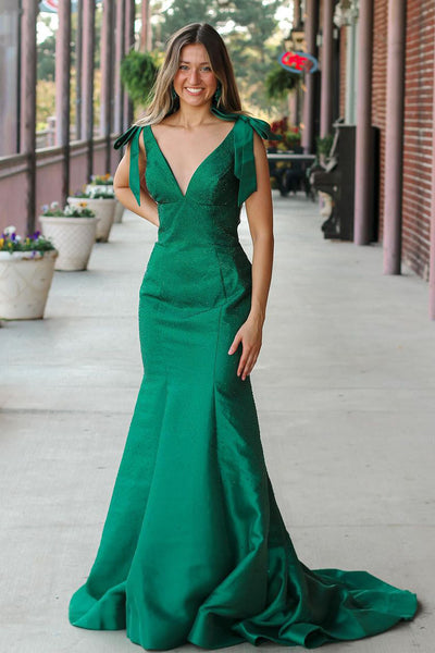 Cute Mermaid V Neck Green Satin Hot Stone Beading Long Prom Dresses VK24111402