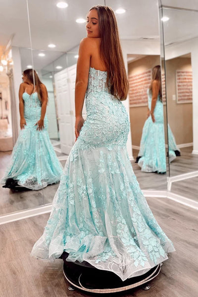 Charming Mermaid Sweetheart Mint Sparkly Lace Long Prom Dresses with Appliques VK1301