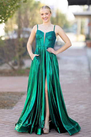 Cute A Line Straps Green Satin Slit Prom Dresses with Beading