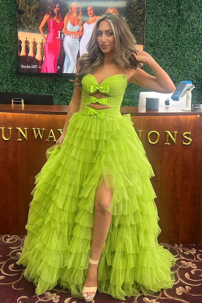 Green Strapless Ruffle Tiered Tulle Long Prom Dresses with Slit VK24042502