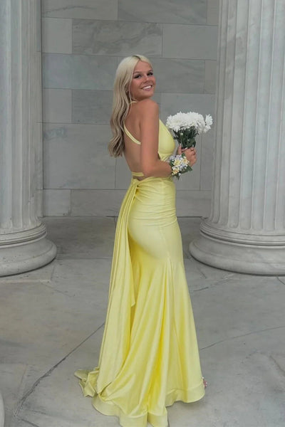 Mermaid V Neck Yellow Satin Prom Dress with Cross Back VK24122603