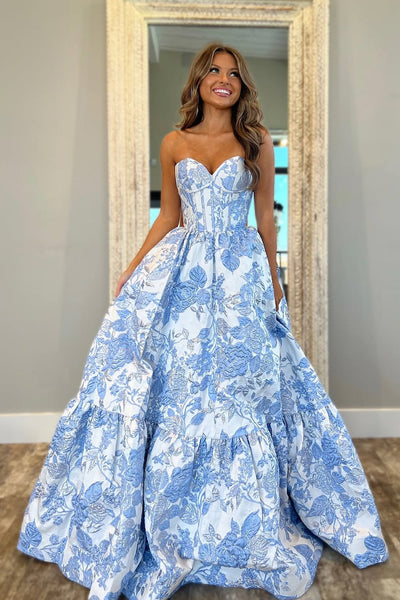 Gorgeous Ball Gown Sweetheart Light Blue Jacquard Satin Prom Dress VK24120315