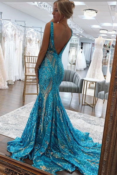 Charming Mermaid V Neck Blue Gold Sequins Long Prom Dresses VK24101712