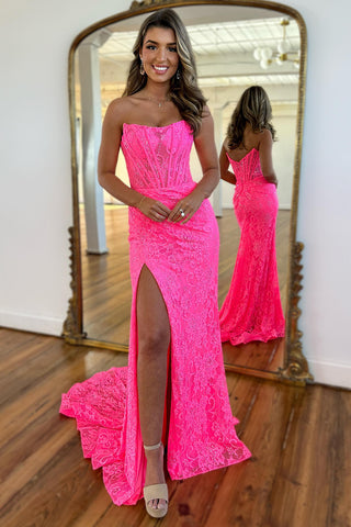 Charming Mermaid Scoop Neck Pink Lace Long Prom Dresses with Slit VK24102011